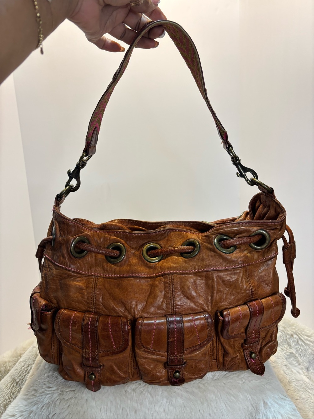 Plenty by Tracy Reese Brown Leather Hobo Bag Boho Y2K Cargo Multi Pocket